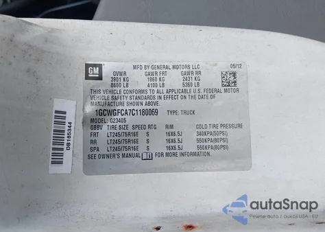 2012 Chevrolet Express 2500 Work Van z USA, uszkodzony, nr VIN 1GCWGFCA7C1180069